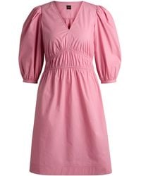 BOSS - Kleid Aus Baumwoll-Popeline Mit V-Ausschnitt Und Geraffter Taille - Lyst