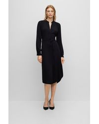 BOSS - Belted Dress With Collarless V Neckline And Button Cuffs - Lyst