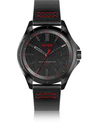 HUGO - Uhr mit schwarzem Zifferblatt, Lederarmband und Logo-Details - Lyst