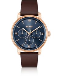 BOSS - Horloge Met Blauwe Wijzerplaat En Polsband Van Bruin Leer - Lyst