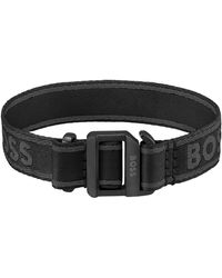 BOSS - Zwarte, Geweven Armband Met Verstelbare Gesp En Logoband - Lyst