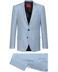 HUGO Slim-fit Suit In Structured Linen-blend Chambray - Blue