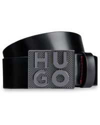 HUGO - Italian-leather Belt With Stacked-logo Plaque Buckle - Lyst