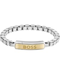 BOSS - Bracelet chaîne argenté à maillons cubes et plaquette logotée dorée - Lyst