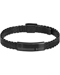 BOSS - Bracelet en maille milanaise d'acier noir avec plaquette logotée - Lyst