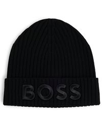 BOSS - Bonnet en maille côtelée de laine vierge avec logo brodé - Lyst