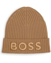 BOSS - Logo-embroidered Rib-knit Beanie Hat In Virgin Wool - Lyst
