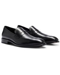 BOSS - Italian Leather Loafers With Apron Toe And Branded Trim - Lyst