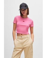 BOSS by HUGO BOSS - T-shirt Slim Fit raccourci en coton stretch avec étiquette logo rouge - Lyst