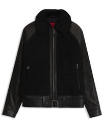 HUGO - Belted Leather Jacket With Shearling Panels - Lyst