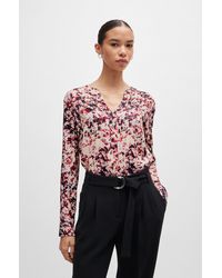 BOSS - Floral-print Blouse In Satin With Notch Neckline - Lyst