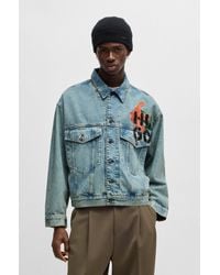 HUGO - Regular-fit Jacket In Rigid Denim With Logo Prints - Lyst