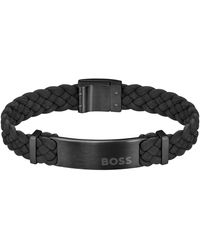 BOSS - Bracelet tressé en cuir suédé noir avec plaquette logo - Lyst