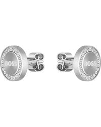BOSS - Crystal-Encrusted Stud Earrings With Logo - Lyst