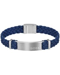 BOSS - Flecht-Armband aus blauem Veloursleder mit Logo-Applikation - Lyst
