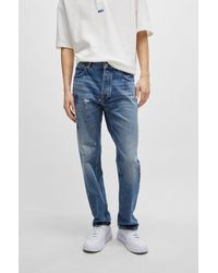 HUGO - Regular-fit Jeans In Mid-blue Paint-splashed Denim - Lyst