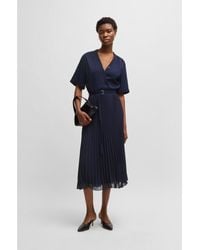 BOSS - Belted Dress With Plissé Skirt - Lyst