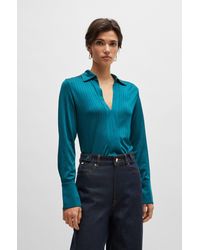 BOSS - Ribbed Long-sleeved Blouse With Johnny Collar - Lyst
