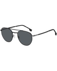 BOSS - Round Sunglasses In Black Metal With Double Bridge - Lyst