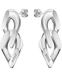 BOSS - Silberfarbene Ohrringe mit angeschrägten Logo-Gliedern - Lyst