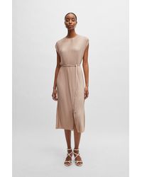 BOSS - Belted Sleeveless Dress In High-shine Plissé - Lyst