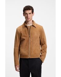 BOSS - Suede Leather Jacket With Zip Closure - Lyst