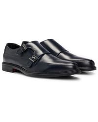 HUGO - Double-monk Shoes In Leather With Logo - Lyst