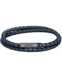 BOSS - Dubbelgewikkelde Armband Van Blauw Gevlochten Leer - Lyst