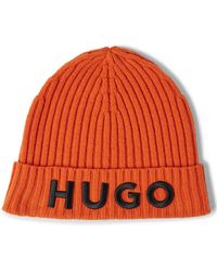 HUGO Unisex Beanie Hat In Virgin Wool With Embroidered Logo - Orange