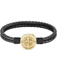 BOSS - Braided Black Leather Cuff With Golden-tone Compass Plate - Lyst