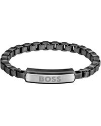 BOSS - Armband Van Zwart Staal Met Vierkante Schakels En Logosluiting - Lyst