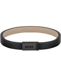 BOSS - Black-leather Cuff With Branded Closure - Lyst