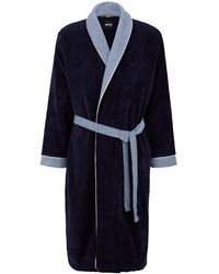 BOSS - Navy Cotton-velvet Dressing Gown With Embroidered Logo - Lyst