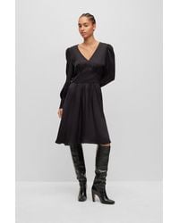 BOSS - Long-sleeved Dress In Hammered Satin With V Neckline - Lyst