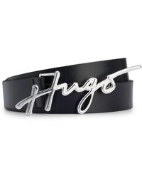 HUGO - Italian-leather Belt With Handwritten-logo Buckle - Lyst