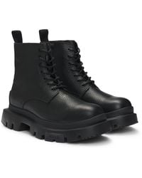 HUGO - Grained Leather Lace-Up Boots With Chunky Sole - Lyst