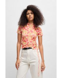 HUGO - Printed-Mesh Top With Gathered Side - Lyst