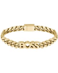 BOSS - Gold-tone Chain Cuff With Logo Lettering - Lyst