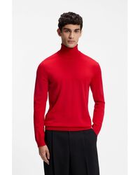 HUGO - Merino-Wool Rollneck Sweater With Embroidered Logo - Lyst