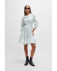 HUGO - Printed-cotton Dress With Voluminous Skirt And Logo Trim - Lyst