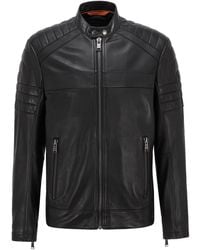 BOSS by HUGO BOSS Leather Biker Jacket With Hand-treated Finish - Black