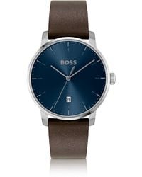 BOSS - Leather-strap Watch With Blue Dial - Lyst