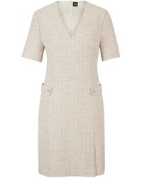 BOSS - Kleid aus meliertem Tweed mit V-Ausschnitt und Metallknöpfen - Lyst