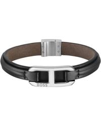 BOSS - Layered Leather Cuff With Branded-Tone Link - Lyst