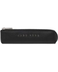BOSS - Black-grained-leather Pen Case With Silver-tone Logo - Lyst