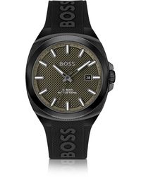 BOSS - Montre à cadran guilloché couleur olive et bracelet logoté en silicone - Lyst