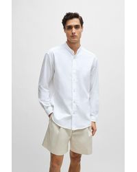 BOSS - Collarless Relaxed-fit Shirt In Cotton-blend Bouclé - Lyst