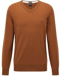 BOSS by HUGO BOSS V-neck Jumper In Pure Cotton With Embroidered Logo - Brown