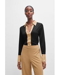 BOSS - Ribbed Long-sleeved Blouse With Johnny Collar - Lyst