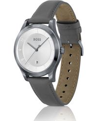 BOSS - Grijsgecoat Horloge Met Leren Polsband - Lyst